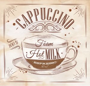 Poster coffee cappuccino in vintage style drawing on kraft