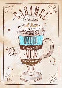 Poster coffee caramel macchiato in vintage style drawing on kraft