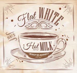 Poster coffee flat white in vintage style drawing on kraft