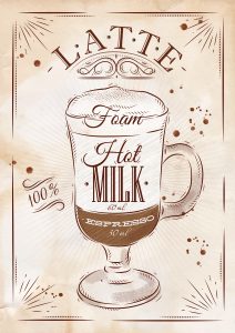 Poster coffee latte in vintage style drawing  on kraft